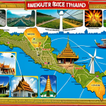 **

A vibrant collage showcasing different sectors for foreign investment in Thailand. Include iconic imagery representing tourism (beaches, temples), agriculture (rice paddies, tropical fruits), industry (modern factories, electronics), energy (wind turbines, solar panels), and technology (IT offices, software developers). Overlay the collage with a map of Thailand, highlighting key economic zones. The overall feel should be modern, prosperous, and inviting.

**