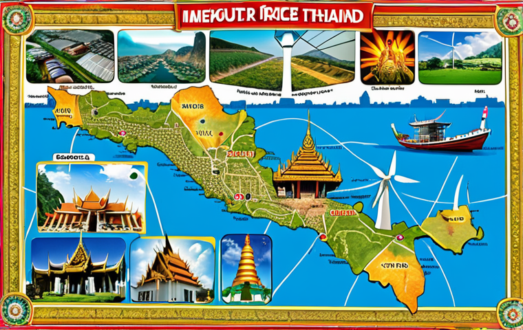 **
A vibrant collage showcasing different sectors for foreign investment in Thailand. Include iconic imagery representing tourism (beaches, temples), agriculture (rice paddies, tropical fruits), industry (modern factories, electronics), energy (wind turbines, solar panels), and technology (IT offices, software developers). Overlay the collage with a map of Thailand, highlighting key economic zones. The overall feel should be modern, prosperous, and inviting.
**