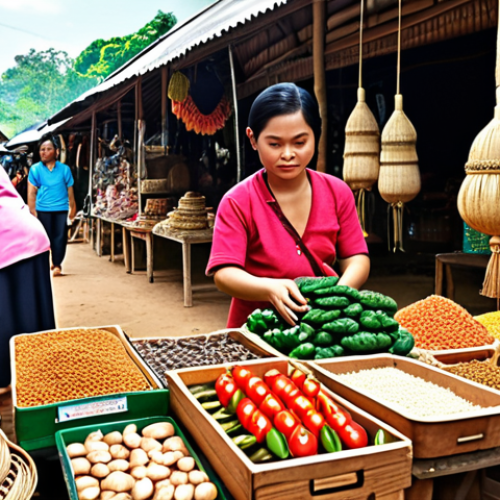 ** A vibrant marketplace scene in Thailand showcasing local artisans displaying their handmade crafts and agricultural products, emphasizing fair trade principles in action.

**