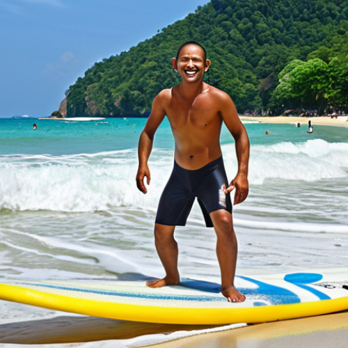 **

A vibrant scene at Kata Beach, Phuket. Urdu-speaking tourists are learning to surf, some successfully riding the waves, others playfully wiping out. A surf instructor gives a lesson with a warm smile. The background features the beautiful Thai coastline, with clear blue skies. Capture the excitement and joy of surfing in Thailand.

**