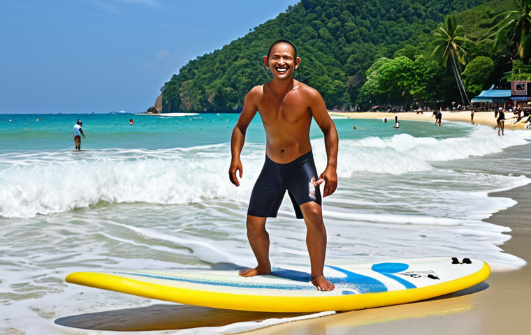 **
A vibrant scene at Kata Beach, Phuket. Urdu-speaking tourists are learning to surf, some successfully riding the waves, others playfully wiping out. A surf instructor gives a lesson with a warm smile. The background features the beautiful Thai coastline, with clear blue skies. Capture the excitement and joy of surfing in Thailand.
**