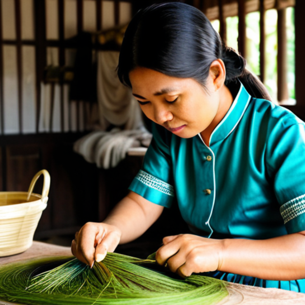 A skilled Thai female artisan in modest, traditional attire, carefully hand-reeling silk threads from warm cocoons in a sunlit, clean, traditional Thai silk workshop. Her hands are well-formed, showing expertise and delicate precision. The background subtly features traditional weaving looms and baskets of mulberry leaves, capturing the intricate process of authentic Thai silk production. Perfect anatomy, correct proportions, natural pose, professional photography, high quality, vibrant colors, soft natural light, safe for work, appropriate content, fully clothed, professional, family-friendly.