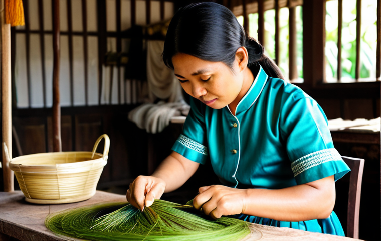 A skilled Thai female artisan in modest, traditional attire, carefully hand-reeling silk threads from warm cocoons in a sunlit, clean, traditional Thai silk workshop. Her hands are well-formed, showing expertise and delicate precision. The background subtly features traditional weaving looms and baskets of mulberry leaves, capturing the intricate process of authentic Thai silk production. Perfect anatomy, correct proportions, natural pose, professional photography, high quality, vibrant colors, soft natural light, safe for work, appropriate content, fully clothed, professional, family-friendly.