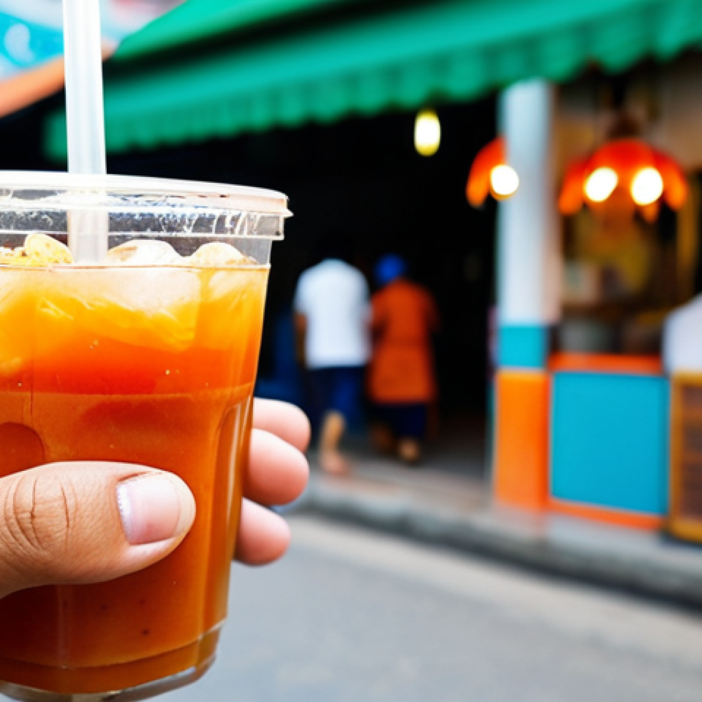 A person, fully clothed in modest and appropriate attire, gently holding a clear glass of vibrant, deep orange Thai iced tea. The setting is a bustling yet clean traditional Thai street food stall, with a shallow depth of field showcasing blurred, colorful market elements in the background. The tea exhibits a rich, creamy texture with visible condensation on the glass, suggesting its refreshing quality and unique blend of spices like star anise and cardamom. The person's hands are well-formed with proper finger count, in a natural pose, conveying a sense of serene enjoyment. Perfect anatomy, correct proportions, professional photography, high quality, safe for work, appropriate content, family-friendly.