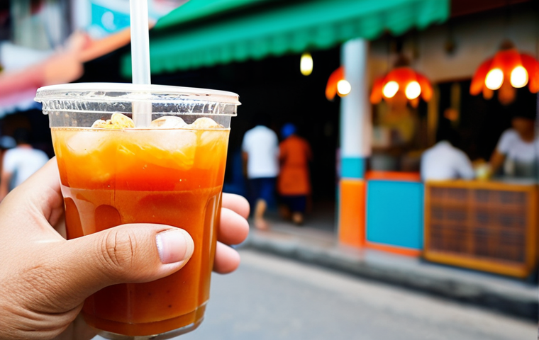 A person, fully clothed in modest and appropriate attire, gently holding a clear glass of vibrant, deep orange Thai iced tea. The setting is a bustling yet clean traditional Thai street food stall, with a shallow depth of field showcasing blurred, colorful market elements in the background. The tea exhibits a rich, creamy texture with visible condensation on the glass, suggesting its refreshing quality and unique blend of spices like star anise and cardamom. The person's hands are well-formed with proper finger count, in a natural pose, conveying a sense of serene enjoyment. Perfect anatomy, correct proportions, professional photography, high quality, safe for work, appropriate content, family-friendly.
