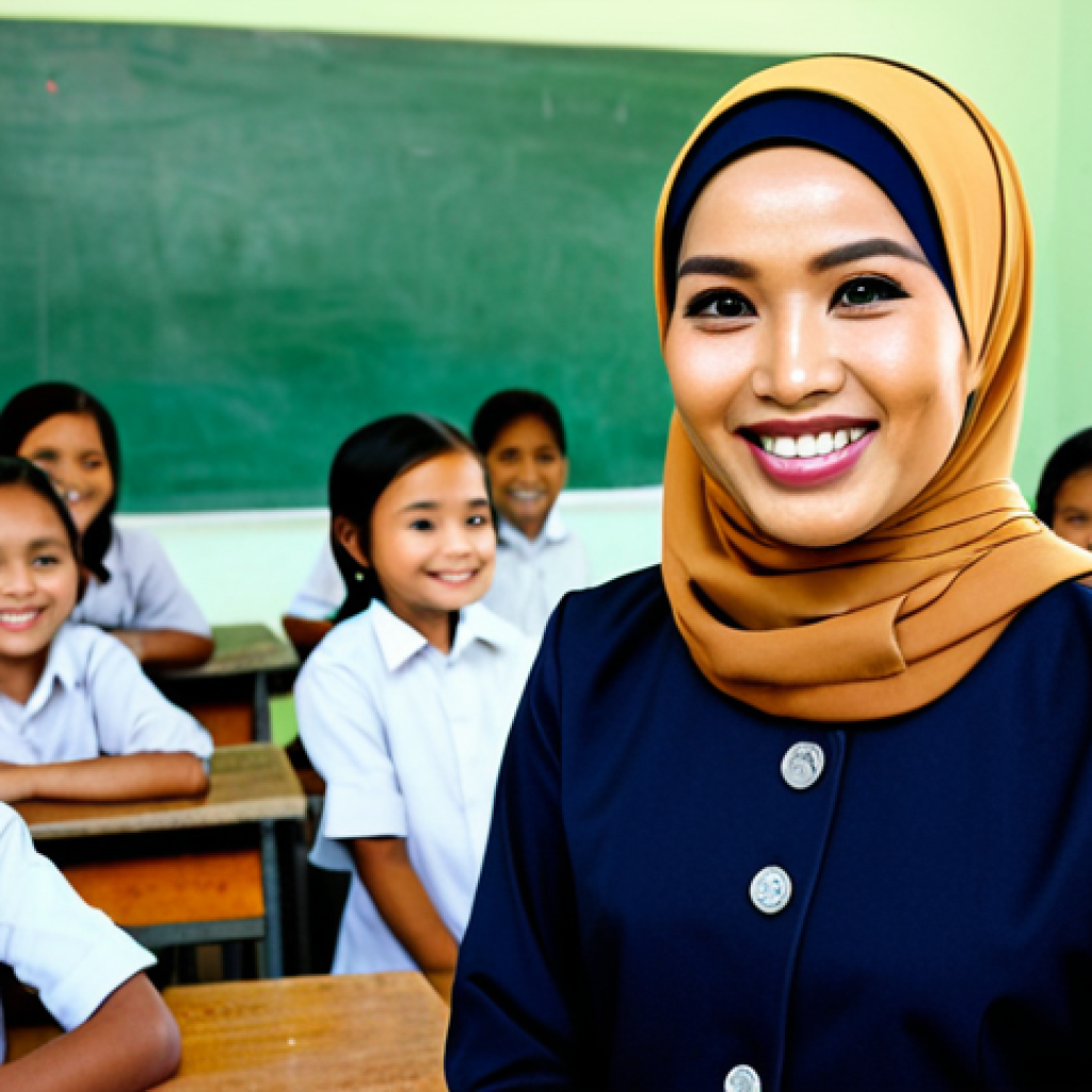 **
"A female teacher in a modest hijab and professional attire, smiles warmly at a group of children in a rural Thai school. The classroom is simple but clean, with colorful learning materials. Focus on education and community. Fully clothed, appropriate content, safe for work, perfect anatomy, natural proportions, professional."
**