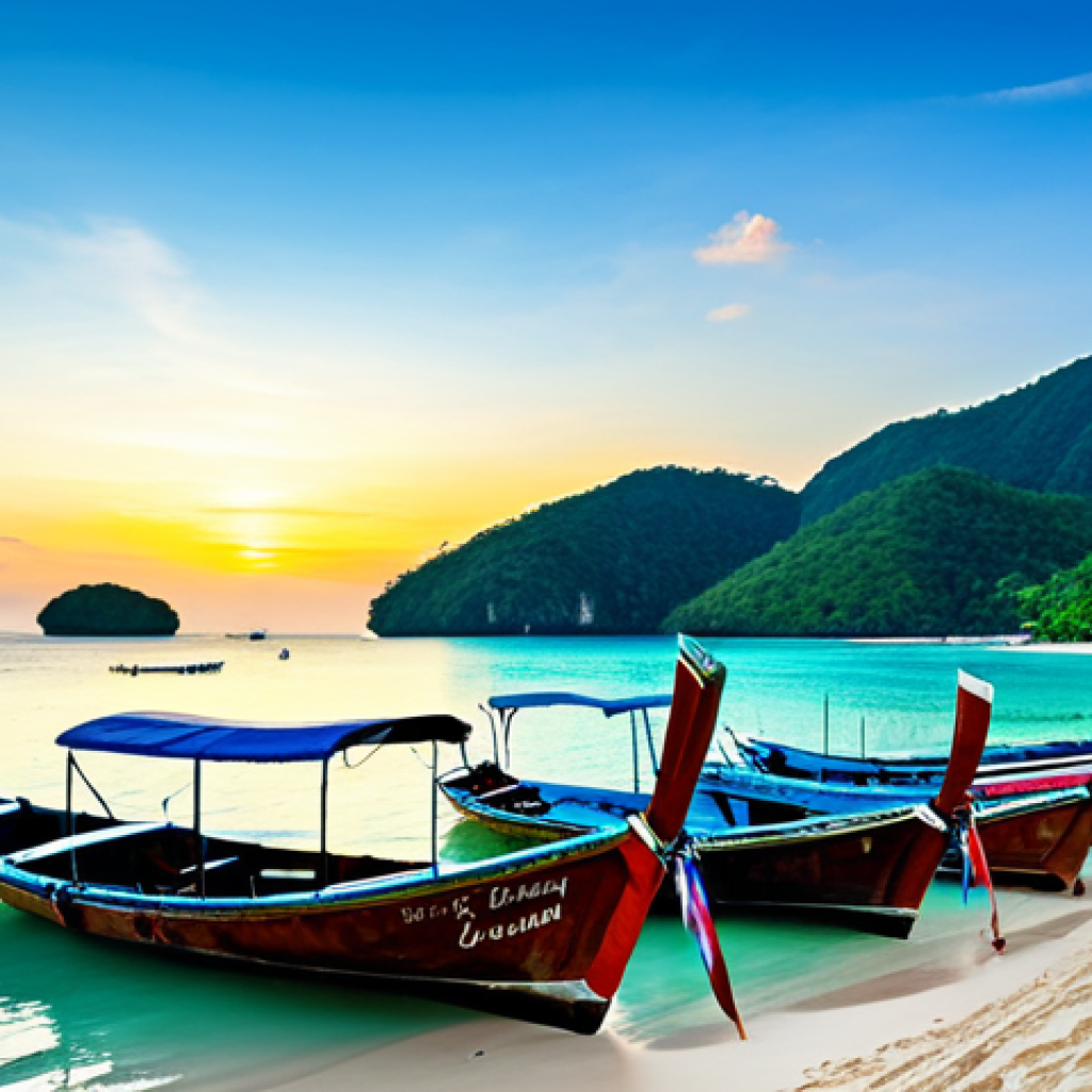 **
"A panoramic view of Phuket's Patong Beach at sunset, Thailand. Crystal clear turquoise water gently washes onto the white sandy shore. Colorful longtail boats are anchored in the bay. In the background, lush green hills rise. Professional photography, high resolution, clear details, appropriate content, fully clothed tourists enjoying the view, safe for work, perfect anatomy, correct proportions, natural pose, family-friendly."
**
