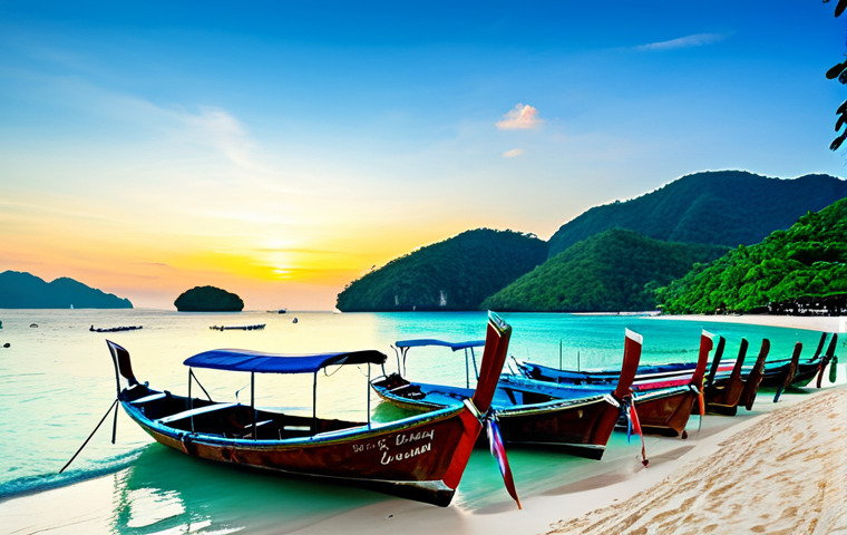 **
"A panoramic view of Phuket's Patong Beach at sunset, Thailand. Crystal clear turquoise water gently washes onto the white sandy shore. Colorful longtail boats are anchored in the bay. In the background, lush green hills rise. Professional photography, high resolution, clear details, appropriate content, fully clothed tourists enjoying the view, safe for work, perfect anatomy, correct proportions, natural pose, family-friendly."
**