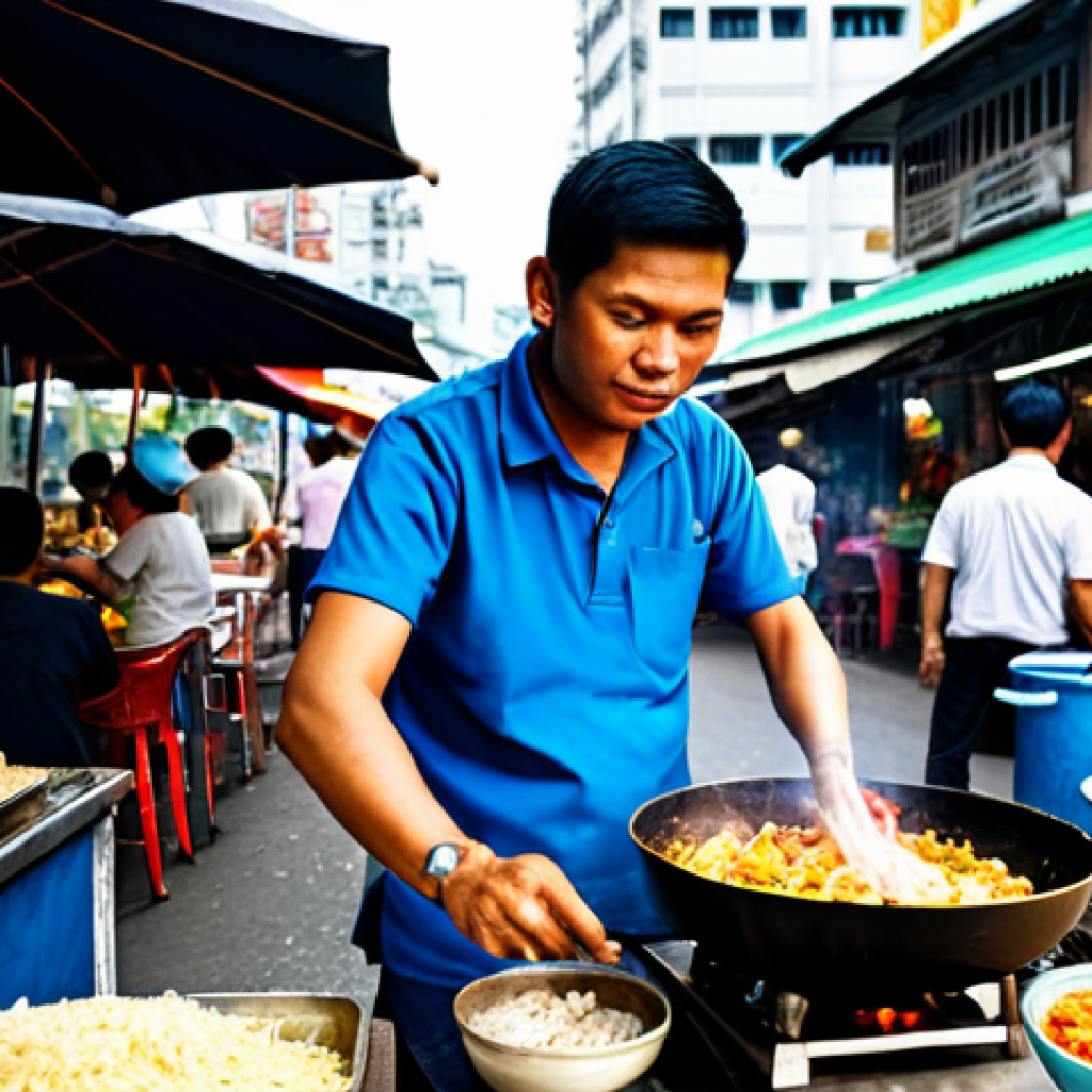 **
A vibrant scene of a street food vendor in Bangkok, Thailand. The vendor is preparing Pad Thai in a sizzling wok, surrounded by colorful ingredients like shrimp, tofu, and peanuts. The backdrop features bustling city life, with traditional Thai architecture in the distance. The vendor is fully clothed in modest attire. Focus on capturing the energy and deliciousness of Thai street food. Safe for work, appropriate content, professional photography, perfect anatomy, natural proportions, family-friendly.
**