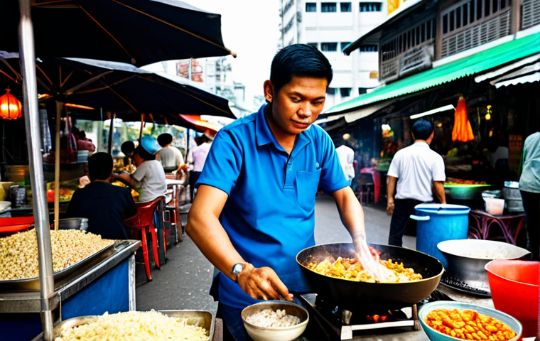 **
A vibrant scene of a street food vendor in Bangkok, Thailand. The vendor is preparing Pad Thai in a sizzling wok, surrounded by colorful ingredients like shrimp, tofu, and peanuts. The backdrop features bustling city life, with traditional Thai architecture in the distance. The vendor is fully clothed in modest attire. Focus on capturing the energy and deliciousness of Thai street food. Safe for work, appropriate content, professional photography, perfect anatomy, natural proportions, family-friendly.
**