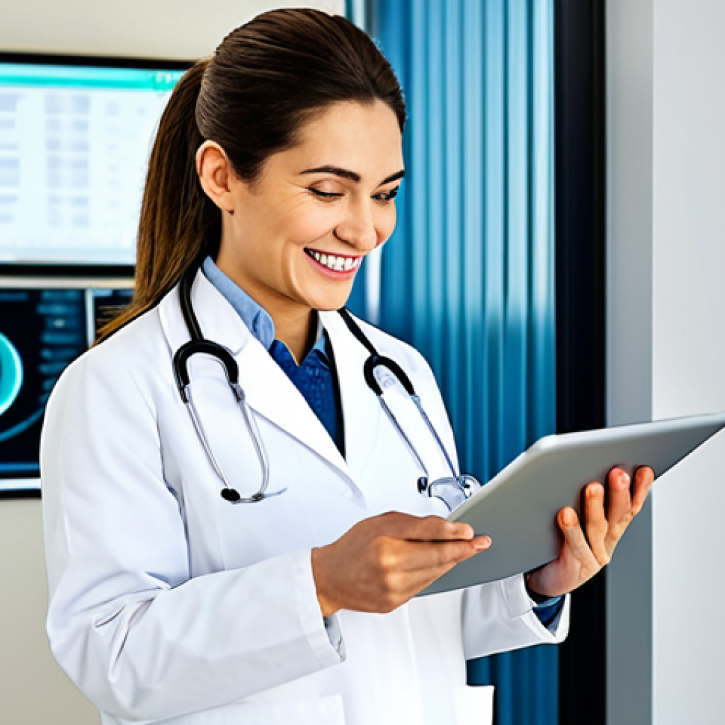 **Prompt:** A professional female doctor, fully clothed in a modest lab coat, smiling warmly while using a tablet in a modern, clean hospital setting, examining patient data. Safe for work, appropriate content, perfect anatomy, natural pose, well-formed hands, proper finger count, professional medical environment, high quality.