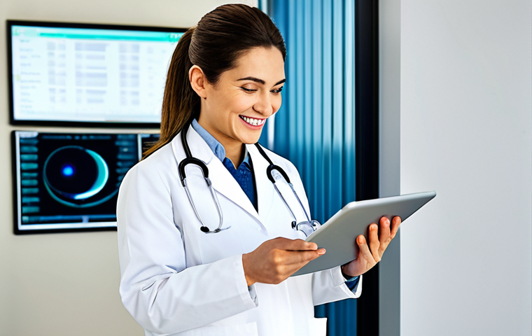 **Prompt:** A professional female doctor, fully clothed in a modest lab coat, smiling warmly while using a tablet in a modern, clean hospital setting, examining patient data. Safe for work, appropriate content, perfect anatomy, natural pose, well-formed hands, proper finger count, professional medical environment, high quality.