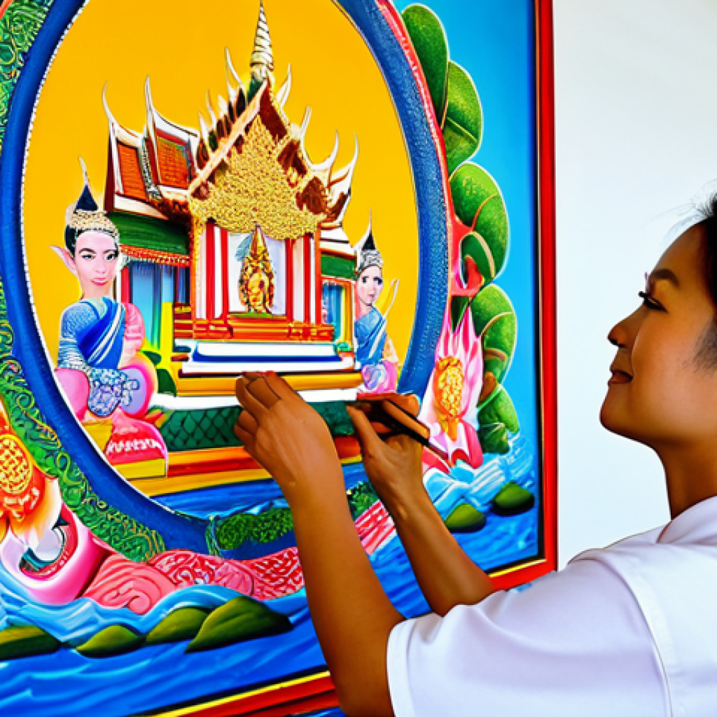 태국의 예술 축제 참여 - Traditional Thai Art**
"A fully clothed Thai artist meticulously painting a traditional mural in vi...