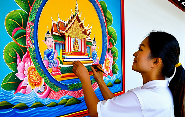 태국의 예술 축제 참여 - Traditional Thai Art**
"A fully clothed Thai artist meticulously painting a traditional mural in vi...