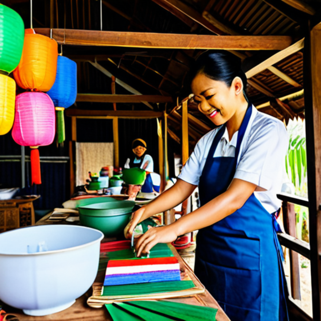 태국의 새로운 관광 상품 - **Prompt:** "A vibrant scene of a local Thai artisan leading a traditional crafts workshop. Particip...