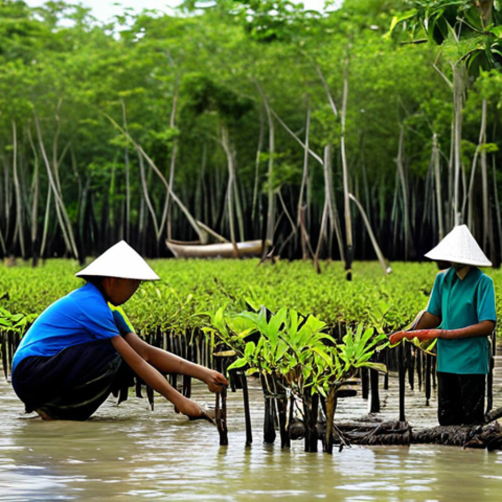 태국의 해안 생태 연구 - Mangrove Conservation**
"A community reforestation project in a Thai mangrove forest, showing volun...
