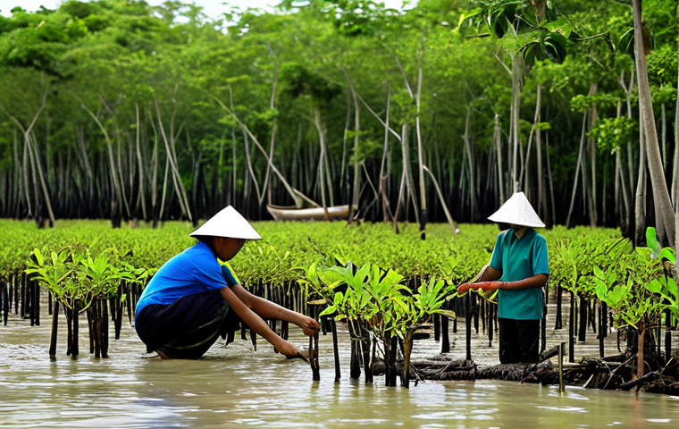 태국의 해안 생태 연구 - Mangrove Conservation**
"A community reforestation project in a Thai mangrove forest, showing volun...