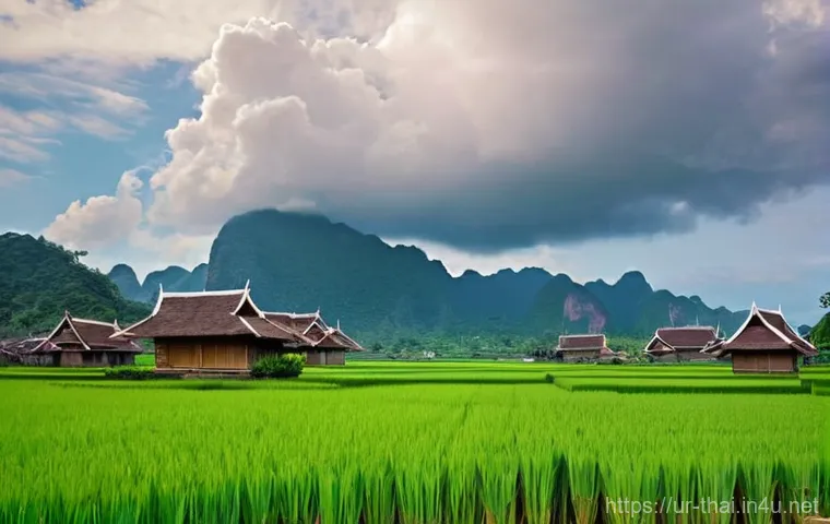 태국의 자연 재해와 대응 - **Prompt 1: Serene Village Pre-Monsoon**
"A picturesque Thai village scene during the calm befor...