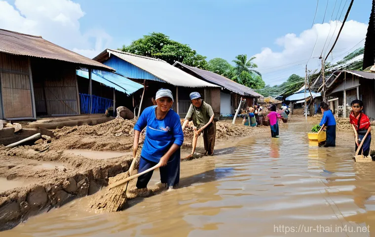 태국의 자연 재해와 대응 - **Prompt 1: Serene Village Pre-Monsoon**
    "A picturesque Thai village scene during the calm befor...