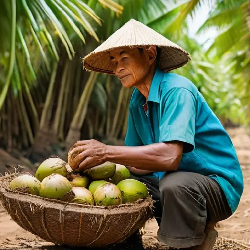 태국의 코코넛 산업 - **Prompt:** A vibrant, sun-drenched scene in a Thai coconut plantation. Lush green coconut trees str...