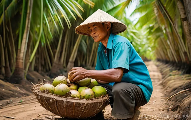 태국의 코코넛 산업 - **Prompt:** A vibrant, sun-drenched scene in a Thai coconut plantation. Lush green coconut trees str...