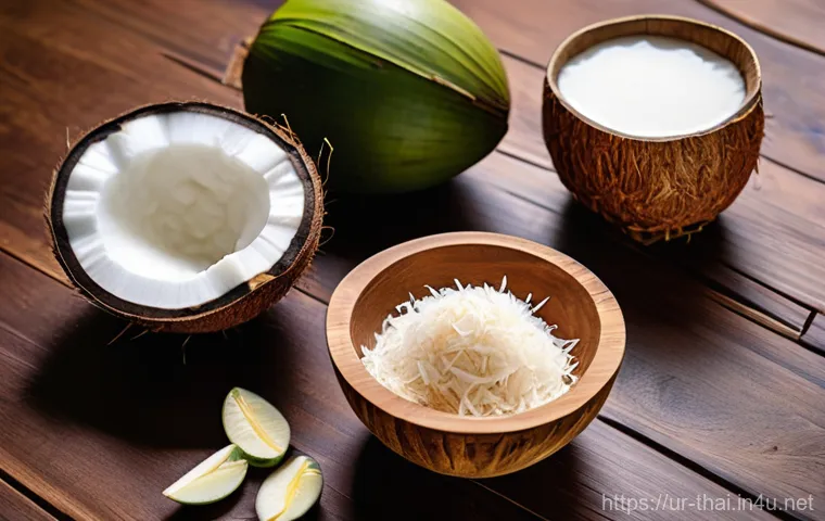 태국의 코코넛 산업 - **Prompt:** A vibrant, sun-drenched scene in a Thai coconut plantation. Lush green coconut trees str...