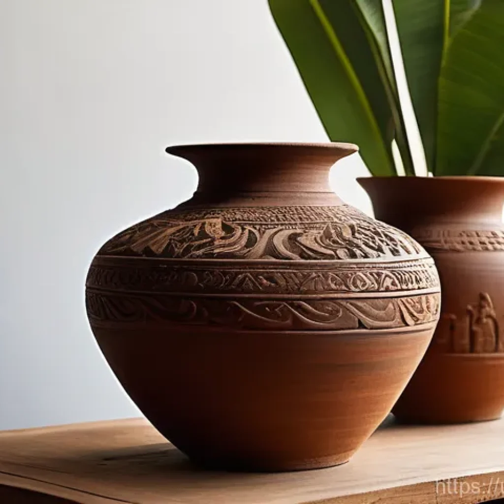 태국의 도자기 공예 - **A traditional Thai Lanna pottery vase from Northern Thailand.** The vase should have a rustic, mat...