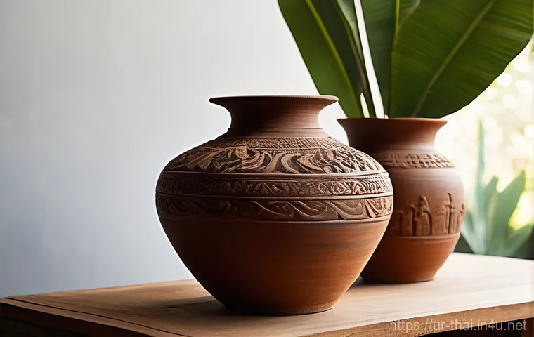 태국의 도자기 공예 - **A traditional Thai Lanna pottery vase from Northern Thailand.** The vase should have a rustic, mat...