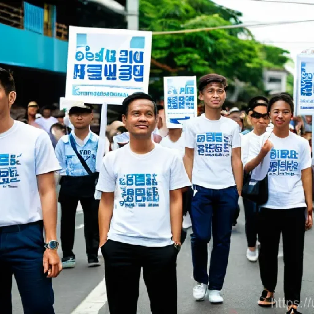 태국 현대 정치 이슈 - They are engaged in a peaceful, organized demonstration on a contemporary urban street in Bangkok. A...