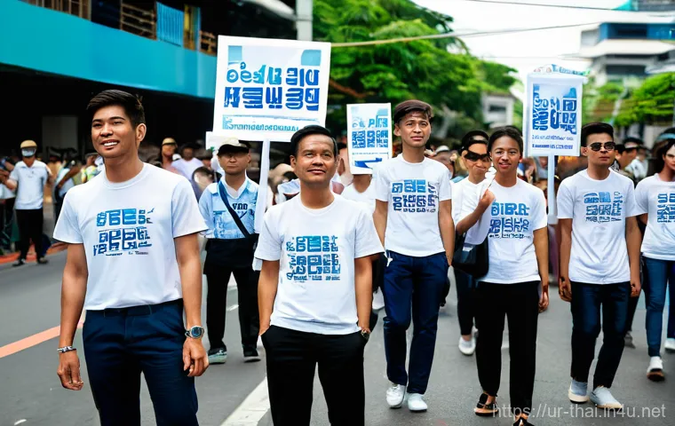 태국 현대 정치 이슈 - They are engaged in a peaceful, organized demonstration on a contemporary urban street in Bangkok. A...