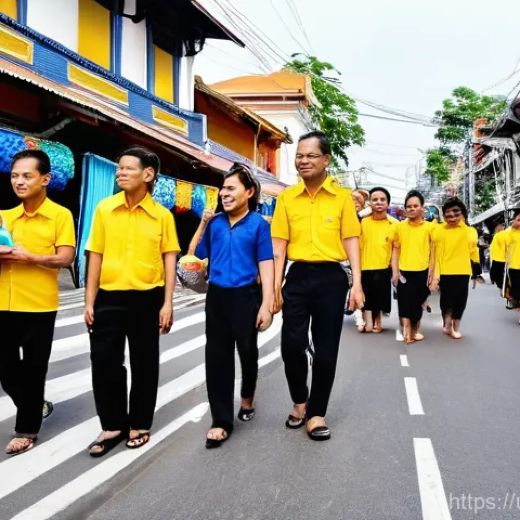 태국 독립 기념일 - **A vibrant street celebration in Bangkok, Thailand, during King Bhumibol Adulyadej's birthday, whic...