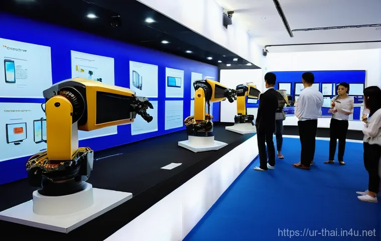 태국의 산업 박람회 - **Prompt:** A dynamic, wide shot of a modern, brightly lit exhibition hall in Thailand. The scene fe...