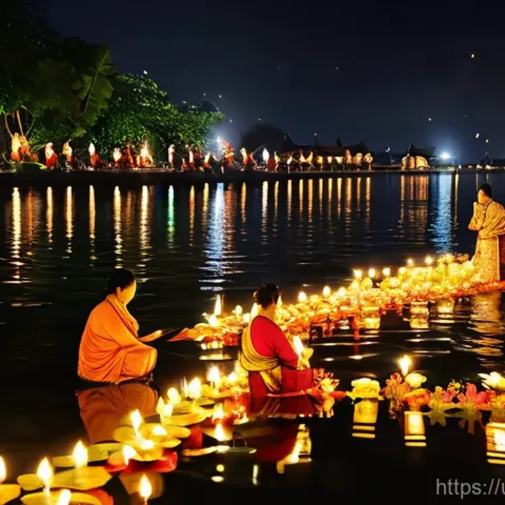 태국의 전통 의식 - Loy Krathong Festival Night:**
"A breathtaking wide shot of the Loy Krathong festival at night, depi...