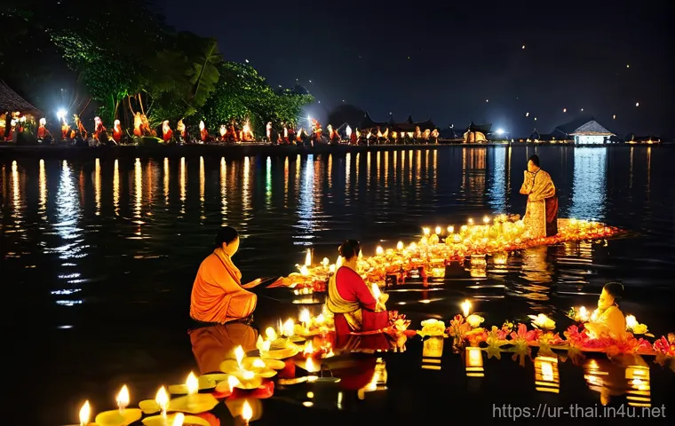 태국의 전통 의식 - Loy Krathong Festival Night:**
"A breathtaking wide shot of the Loy Krathong festival at night, depi...