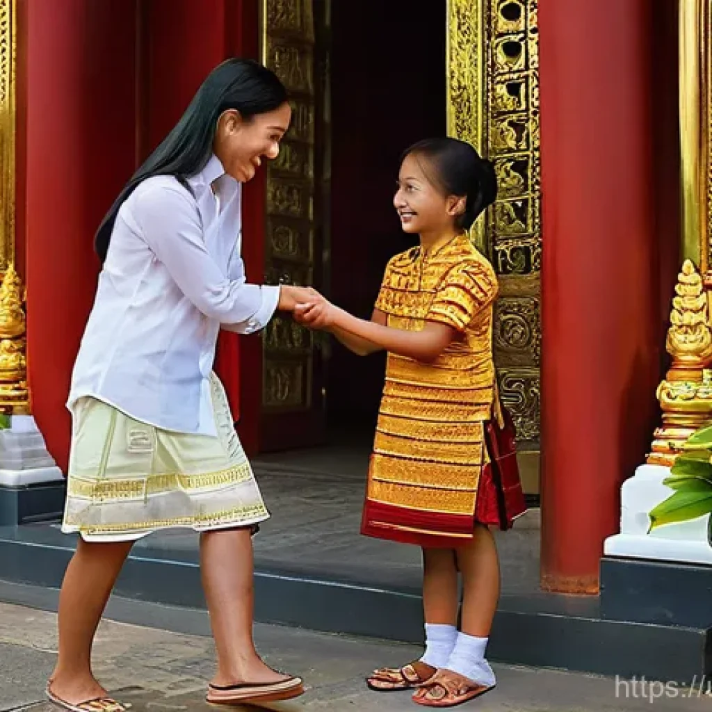 태국어 기초 인사말 - **Prompt 1: Warm Welcome at a Temple Entrance**
A young female tourist, dressed modestly in a li...