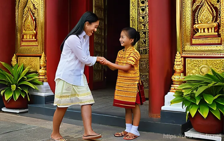 태국어 기초 인사말 - **Prompt 1: Warm Welcome at a Temple Entrance**
A young female tourist, dressed modestly in a li...
