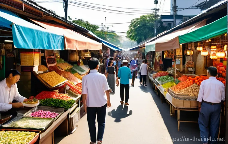 방콕 여행 루트 - **Prompt: Vibrant Chatuchak Weekend Market Experience**
A bustling, wide-angle shot of the Chatu...