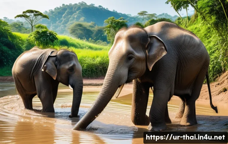 태국의 동물 보호 활동 - **Prompt: A heartwarming scene inside an ethical elephant sanctuary in Northern Thailand.**
A gr...